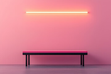 Poster - Minimalist pink room with bench and neon light: futuristic interior design