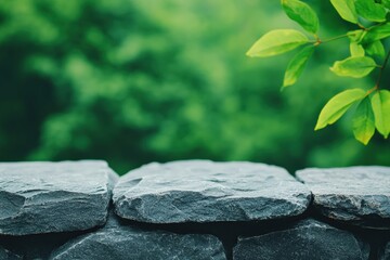 Aufkleber - Stone wall displaying lush green jungle background for product placement