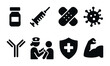 © Coosh448 - Healthcare and vaccination solid icon set – silhouette style medical, wellness, and virus symbols for health education: vaccine vial, syringe, bandage, virus, antibody, nurse, shield, muscle.