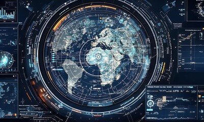 a digital world map with various data points and charts overlaying it, indicating global cyber attac