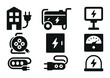 © Svitlana - Electrical equipment solid icons set – silhouette style power, energy, and device symbols for technical projects: generator, monitor, building, power strip, plug, meter.