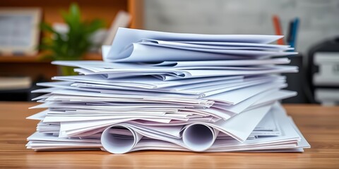 Wall Mural - A stack of curled papers, documents, office supplies, business paperwork, office, desk