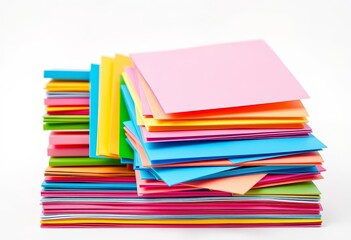 Wall Mural - A vibrant stack of multicolored sticky notes, various sizes and shades, on a clean white background, sticky, colorful
