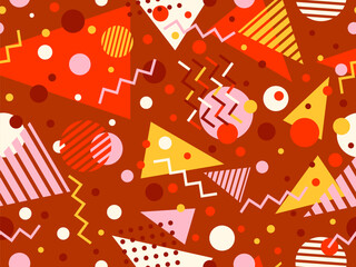 Wall Mural - Geometric seamless pattern with memphis elements in 80s style. Colorful pattern with different geometric shapes. Design for packaging, covers, wrapping and promotional products. Vector illustration