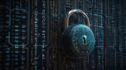 A futuristic digital padlock that locks the surface of complex electronic circuits.