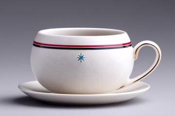 Wall Mural - A minimalist coffee mug with a small blue star and thin red stripe on a white background