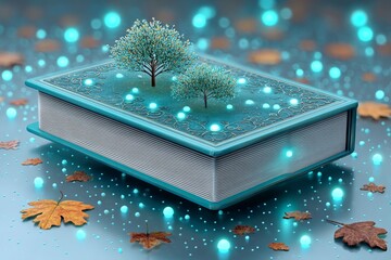 Poster - A digital 3D rendering of a floating prayer journal surrounded by glowing leaves and ethereal light