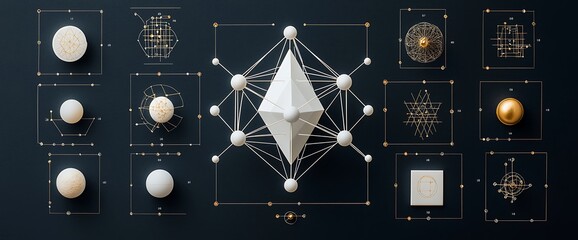 Abstract design with geometric shapes, digital art, dark background, gold accents, circles and lines