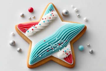 Wall Mural - Simple 2D illustration of a star-shaped cookie decorated with red white and blue icing on white background