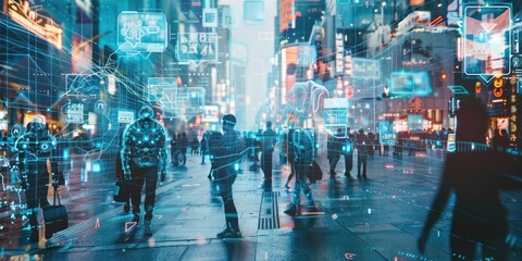 a futuristic cityscape where humans and ai robots interact harmoniously in everyday life. advanced h