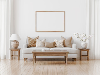 Fototapete - Large horizontal frame mockup in traditional living room with cozy sofa, throw pillows, blooming branches and lamp. Classical home design. 3d rendering.