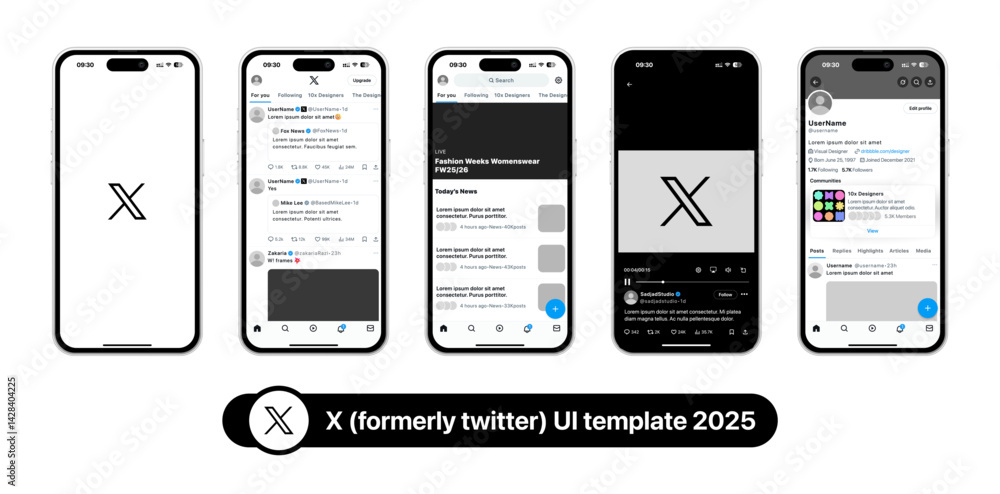 X (formerly Twitter) UI template mockup 2025. Featuring tweet layout ...