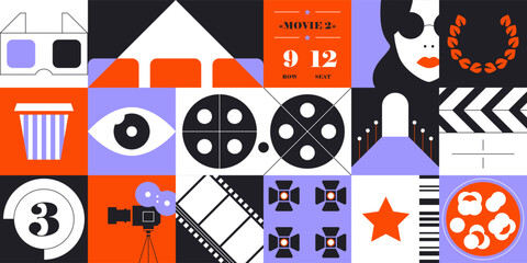 cinema movie pattern. geometric cinematic poster with film camera, abstract popcorn, movie ticket, c