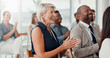 © peopleimages.com - Conference, applause and business people with achievement, smile and feedback with support. Audience, laughing or group in workplace, clapping and success with thank you, funny or event with cheering