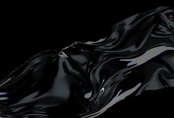 Poster - 3D illustration shows a translucent liquid-like surface with glossy waves, reflecting light in an abstract, flowing pattern against a black background.
