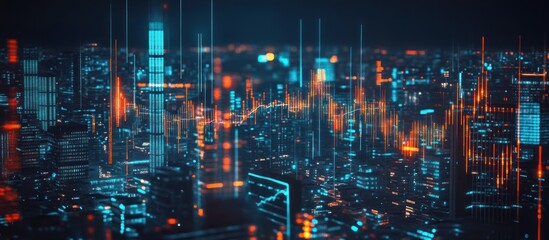 Futuristic cityscape illuminated by vibrant digital network analysis visuals