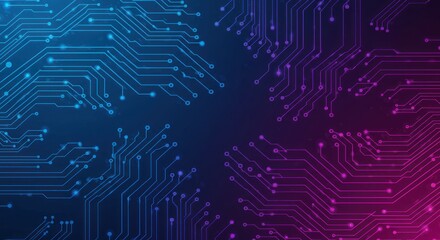 Abstract technology background with circuit board pattern in blue and purple tones.