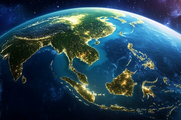 Wall Mural - glowing a half of earth at night viewed from outer space with illuminated city lights, showing indon