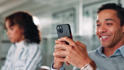 Poster - Business, smile and man in office, smartphone and texting with online humor, connection and social media. People, employee and consultant in workplace, cellphone and digital app with message for joke