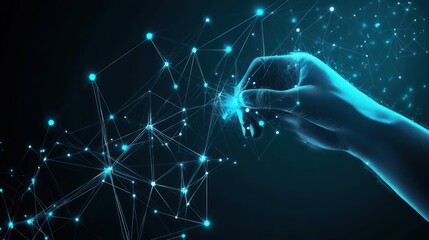 Digital connection represented by a hand touching glowing network nodes