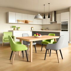 Poster - Modern Kitchen Design with Wooden Dining Table, Green & Grey Chairs and Light Beige Interior 