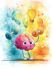 Leinwandbilder - Cheerful Brain Lifts Weights While Surrounded by Bright Light Bulbs on a Colorful Background