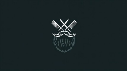 Poster - Stylized Beard Logo Featuring Crossed Scissors and Comb on a Flat Dark Background for Barber Shop Branding and Marketing Purposes