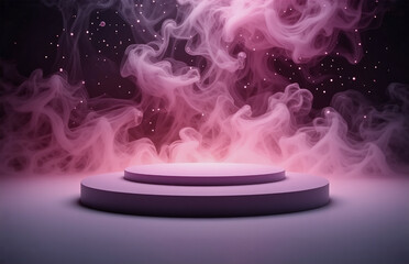 Wall Mural - a pink circular platform rests in a dark space, surrounded by swirling wisps of pink smoke and glimm