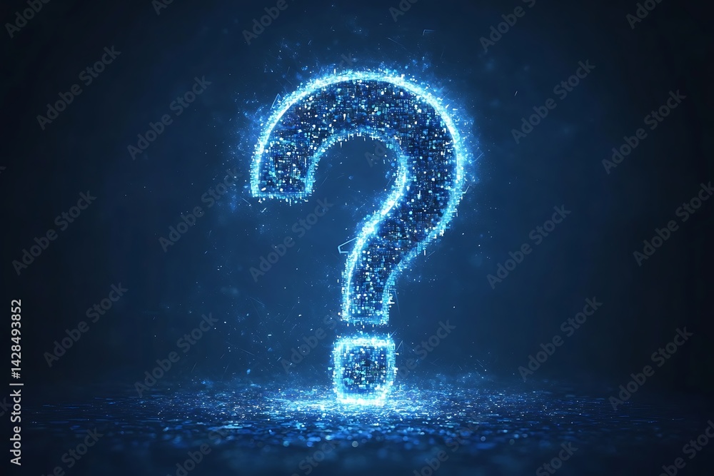 Glowing digital question mark made of blue pixels on a dark background ...