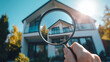 © Ruslan - A woman's hand holds a magnifying glass aimed at a luxury private house in the suburbs. The concept of buying, renting, evaluating and real estate services