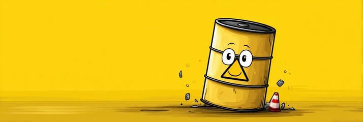 Leinwandbilder - Playful Cartoon Barrel With Hazard Label Smiling Amidst a Vibrant Yellow Background in a Whimsical Depiction of Danger and Fun