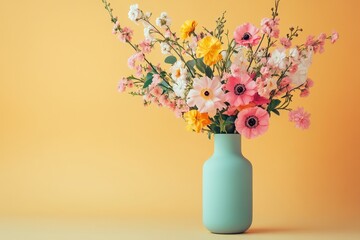Fototapete - Delicate pink flowers arranged in a pink vase against a bright yellow wall, capturing soft natural light in a cozy indoor setting