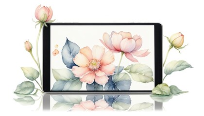 Fototapete - Sleek silver tablet displaying delicate watercolor painting of pale pink peach blossoms and leaves surrounded by matching buds and lush green leaves