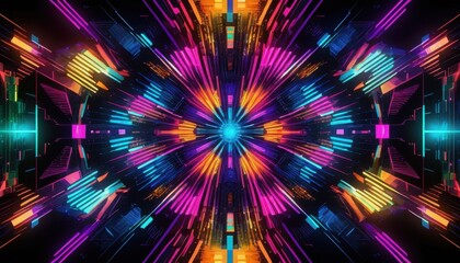 Leinwandbilder - Vibrant Neon Kaleidoscopic Abstract Image with Geometric Shapes and Energetic Symmetrical Patterns Radiating from a Central Point of Light Design