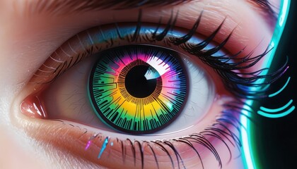 Fototapete - Close-Up of a Stylized Eye with a Vibrant Multicolored Iris Resembling Data Visualization Against a Dark Background for Technology and Art Concepts