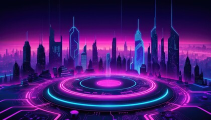 Fototapete - Futuristic Cityscape at Sunset with Neon-Lit Platform and Vibrant Skyscrapers in Pink and Blue Hues Showcasing Advanced Technological Design