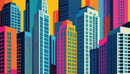 Leinwandbilder - Vibrant and Colorful Cityscape with Stylized Skyscrapers Set Against a Bright Warm Yellow Background in a Modern Artistic Representation of Urban Life