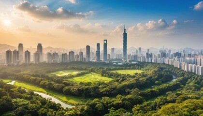 Poster - Panoramic view of a stunning modern city skyline at sunset with skyscrapers, a tall tower, lush parkland and winding waterways in the foreground