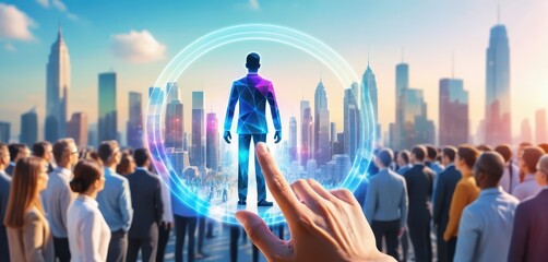 Poster - Hand Selecting Digital Holographic Businessman in Modern Cityscape Surrounded by Crowd of Individuals Representing Future Technology and Urban Life