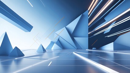 Aufkleber - abstract geometric shapes in a blue space with white and golden light lines. The light lines are in different directions creating an optical illusion, some are vertical and some are horizontal.