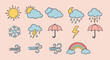 © Royal Ability - Weather icons set with sun clouds rain snow lightning wind umbrella and rainbow in simple line art style vector