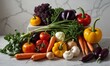 © gmoreira05 - Farm-to-table harvest arrangement featuring heirloom vegetables with soil still attached, arranged by color gradient on marble surface, natural directional lighting