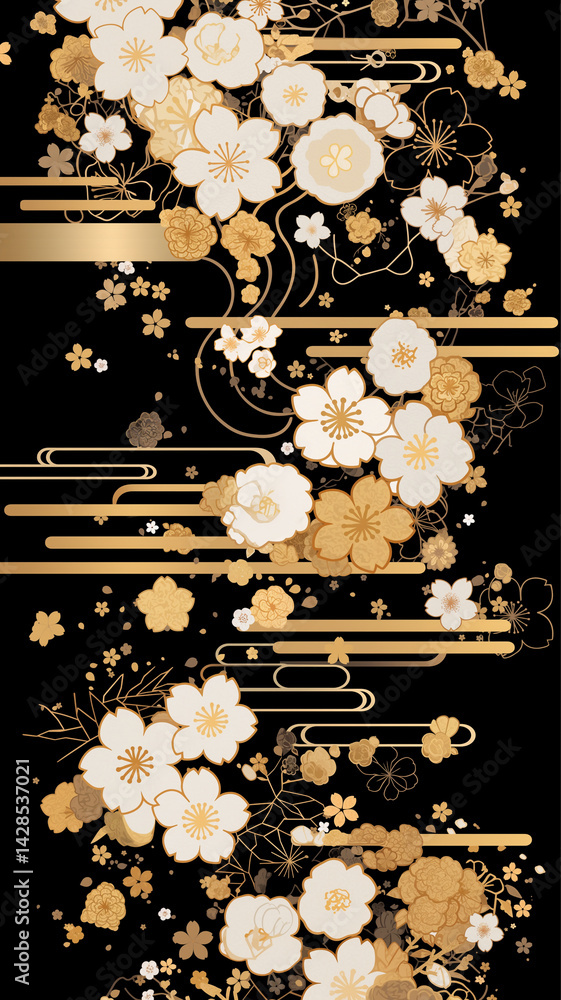 金色と白の梅の花が咲き誇る和風パターン背景イラスト｜和柄デザイン