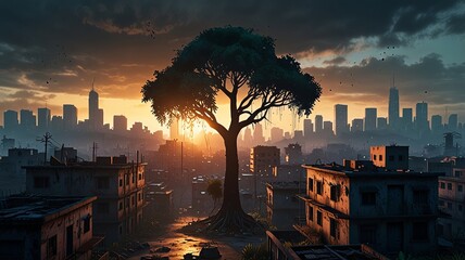 Wall Mural - Glowing tree stands in deserted urban favela, hazy cityscape background. Symbol of hope and resilience in apocalyptic world.