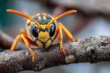 Macro Photo of a Wasp Perched on a Branch – Close-Up of Yellow and Black Insect in Natural Outdoor Habitat