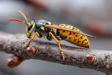Macro Photo of a Wasp Perched on a Branch – Close-Up of Yellow and Black Insect in Natural Outdoor Habitat