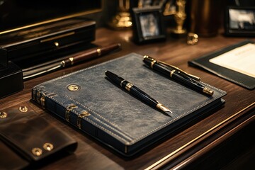 Aufkleber - Modern workspace with leather notebook, elegant pens, and a coffee cup on a polished wooden desk in a well-lit office environment