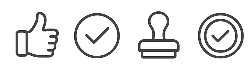 Wall Mural - set of line style icons representing approval, including a thumbs up, check mark, stamp, and circled