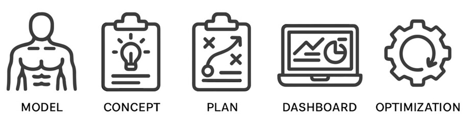 Set of flat line icons representing model, concept, plan, dashboard, and optimization for business applications and presentations