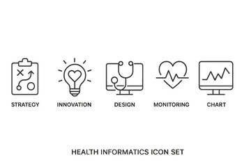 Wall Mural - health informatics icon set featuring line style illustrations for strategy, innovation, design, mon